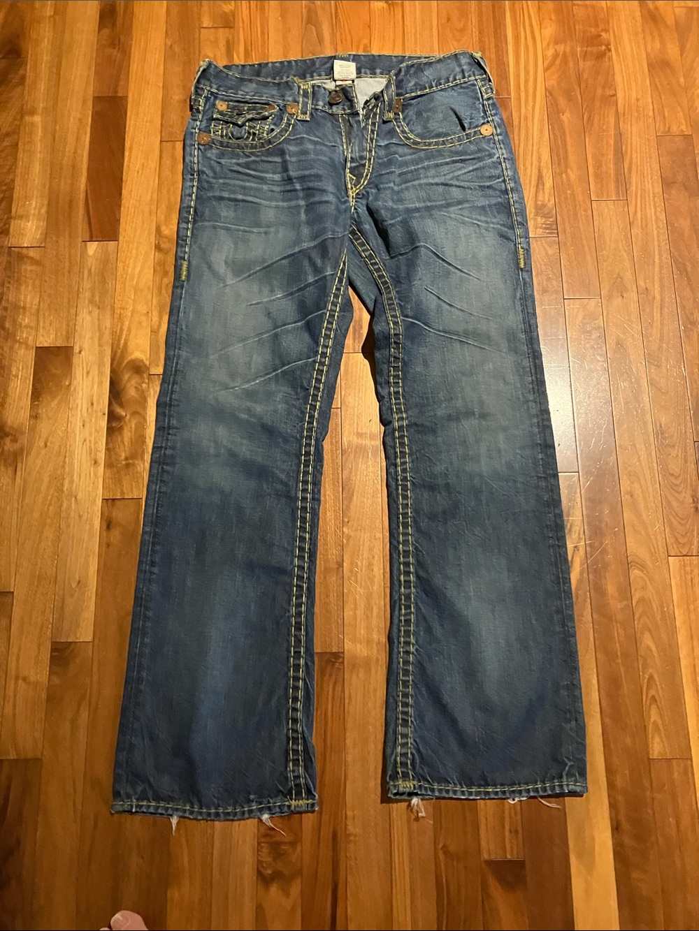 True Religion Men's Bootcut Denim Jeans in Blue with Contrast Stitching